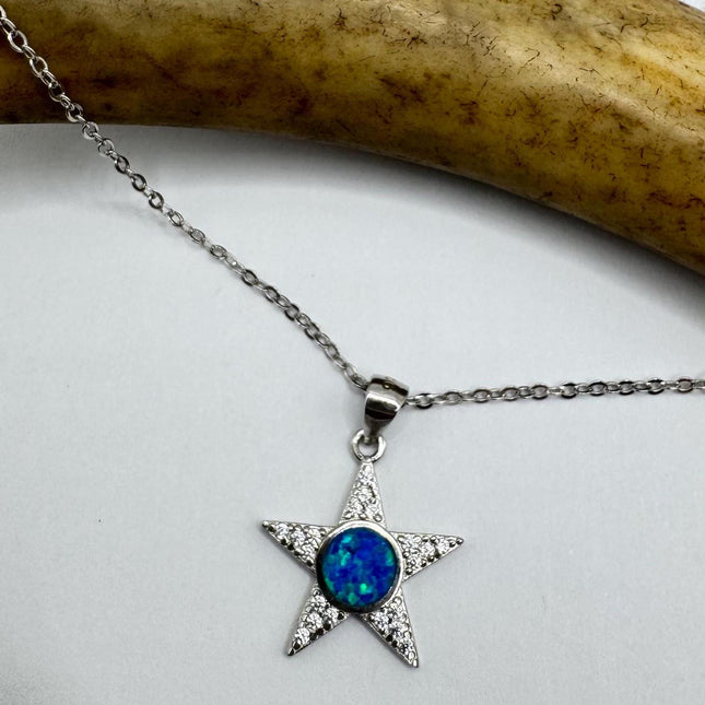 Vintage Blue Fire Opal Star Necklace - Sterling Silver Minimalist Chain
