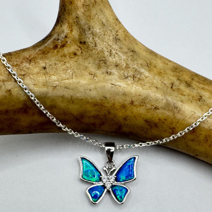 Vintage Blue Fire Opal Butterfly Necklace - Sterling Silver Minimalist Chain