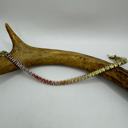 Vintage Golden Tennis Bracelet | CZ Crystal Rainbow Gold 925 Sterling Silver Bracelet