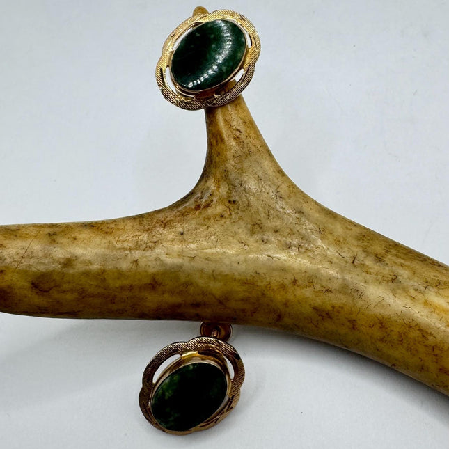 Vintage Green Nephrite Jade Clip-On Earrings 12k Gold Filled Delicate Screw Back Design