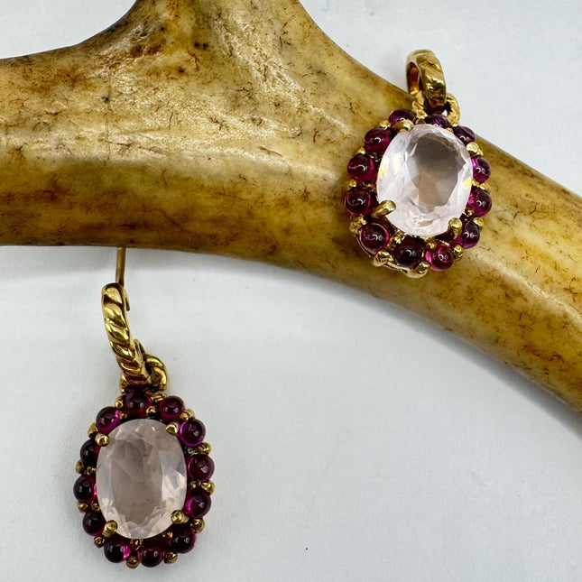 Vintage Pink Rose Quartz Chandelier Drop Gemstone Gold 925 Sterling Silver Earrings
