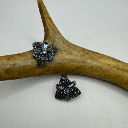 Vintage Silver Marcasite Earrings Blue Iolite Deco | 925 Sterling Silver Stud Earrings | Minimalist Everyday
