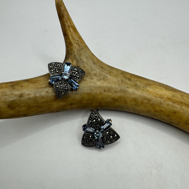 Vintage Silver Marcasite Earrings Blue Iolite Deco | 925 Sterling Silver Stud Earrings | Minimalist Everyday
