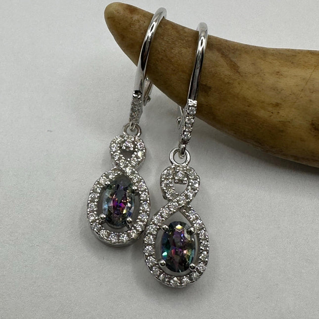 Vintage Silver Earrings | Blue Mystic Topaz White Sapphire Gemstone Dangle Drop Chandelier Earrings | 925 Sterling Silver