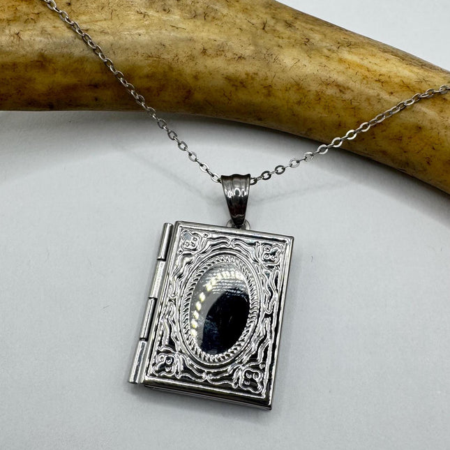 Vintage Photo Locket |Etched Book Memory Charm Pendant Stainless Steel