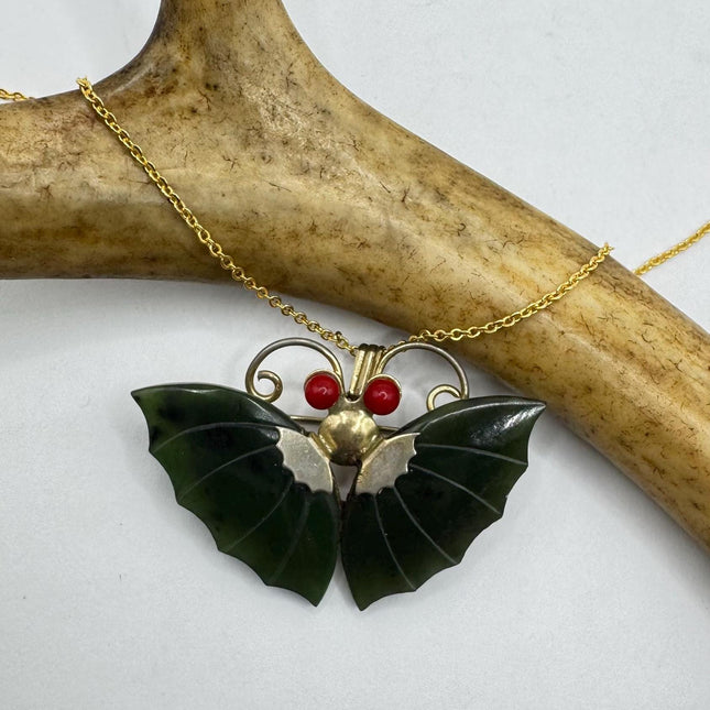 Vintage Green Jade Butterfly Red Coral Gold Filled Necklace - Lucky Everyday Minimal Pin Brooch