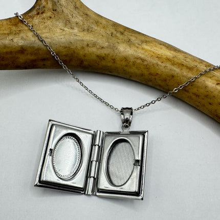 Vintage Photo Locket |Etched Book Memory Charm Pendant Stainless Steel