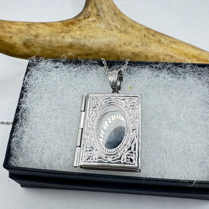 Vintage Photo Locket |Etched Book Memory Charm Pendant Stainless Steel