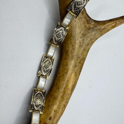 Vintage White Bracelet Mother of Pearl Set in Gold Bronze Stacking Layered