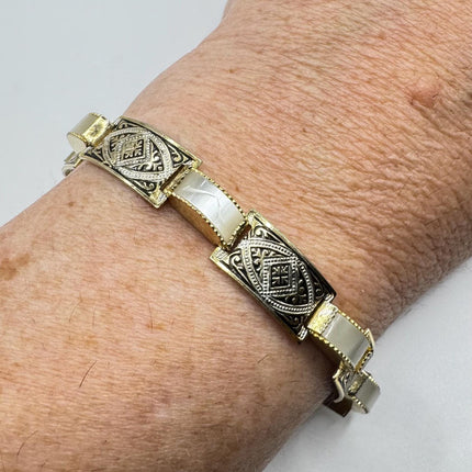Vintage White Bracelet Mother of Pearl Set in Gold Bronze Stacking Layered