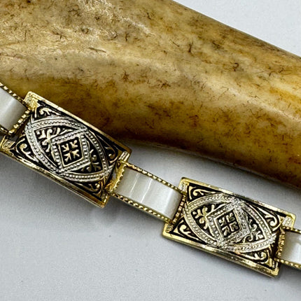 Vintage White Bracelet Mother of Pearl Set in Gold Bronze Stacking Layered
