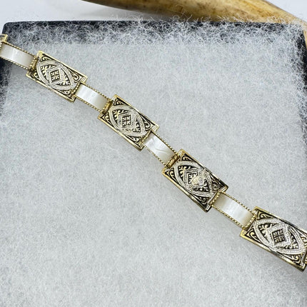 Vintage White Bracelet Mother of Pearl Set in Gold Bronze Stacking Layered