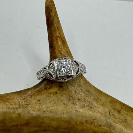 Vintage Cubic Zirconia Clear Crystal Diamond Cocktail | 925 Sterling Silver Antique Pave Set Wedding Promise Band Engagement Ring