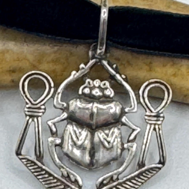 Vintage Egyptian Scarab 925 Sterling Silver Black Velvet Choker Necklace Elijah Colletion
