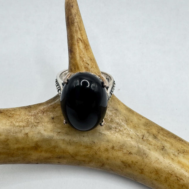 Vintage Marcasite Black Onyx Chunky Cocktail Ring 925 Sterling Silver
