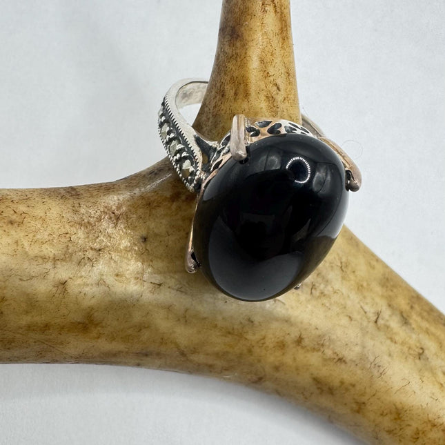 Vintage Marcasite Black Onyx Chunky Cocktail Ring 925 Sterling Silver