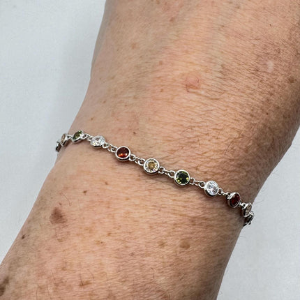 Vintage Silver Tennis Bracelet CZ Crystal Rainbow 925 Sterling Silver Layered Stacking Bracelet