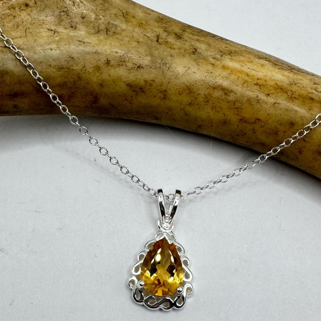 Vintage Citrine Necklace Dainty 925 Sterling Silver Chain, Delicate Design
