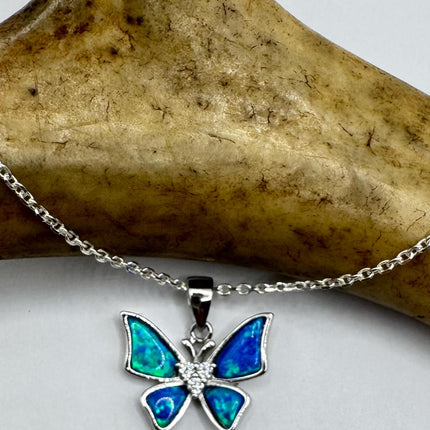 Vintage Blue Fire Opal Butterfly Necklace - Sterling Silver Minimalist Chain