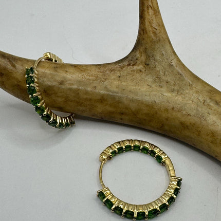 Vintage Green Chrome Diopside Gold Hoop Earrings