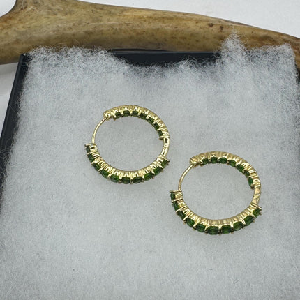 Vintage Green Chrome Diopside Gold Hoop Earrings