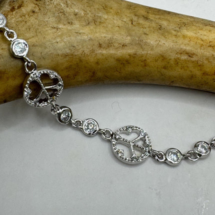 Vintage Silver Tennis Bracelet | Cubic Zirconia Crystal Diamond Gemstone Peace Signs | 925 Sterling Silver Dainty Stackable Tennis Bracelet