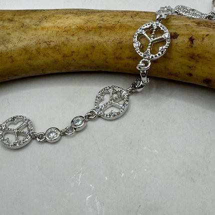 Vintage Silver Tennis Bracelet | Cubic Zirconia Crystal Diamond Gemstone Peace Signs | 925 Sterling Silver Dainty Stackable Tennis Bracelet