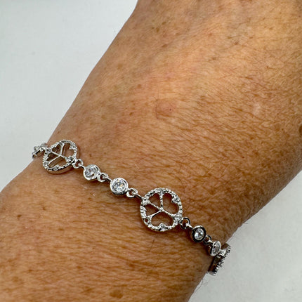 Vintage Silver Tennis Bracelet | Cubic Zirconia Crystal Diamond Gemstone Peace Signs | 925 Sterling Silver Dainty Stackable Tennis Bracelet