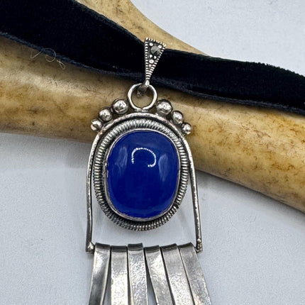 Vintage Silver Gemstone Pendant Blue Chalsedony 925 Sterling Silver Black Velvet Choker Necklace