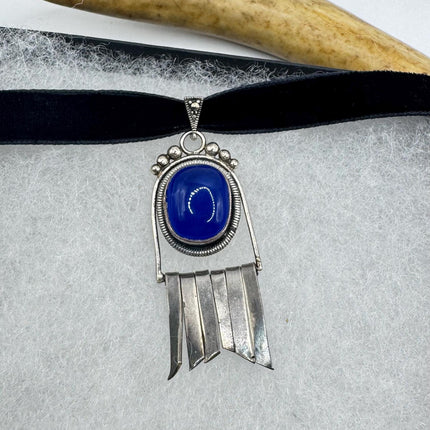Vintage Silver Gemstone Pendant Blue Chalsedony 925 Sterling Silver Black Velvet Choker Necklace