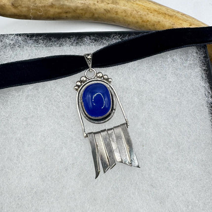 Vintage Silver Gemstone Pendant Blue Chalsedony 925 Sterling Silver Black Velvet Choker Necklace