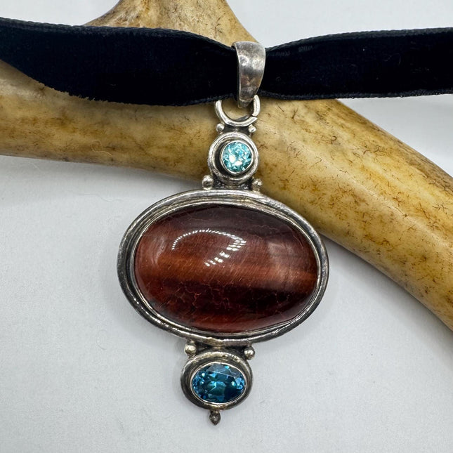 Vintage Tiger’s Eye Choker 925 Sterling Silver Tigers Eye with blue topaz Antique Design, Boho Necklace Elijah Collection