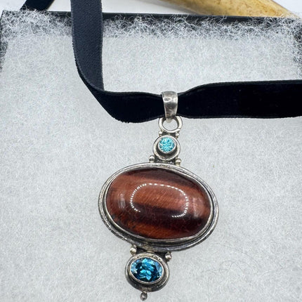 Vintage Tiger’s Eye Choker 925 Sterling Silver Tigers Eye with blue topaz Antique Design, Boho Necklace Elijah Collection