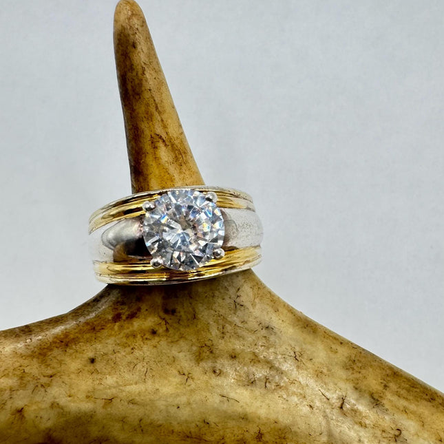 Vintage Cubic Zirconia Clear Crystal Diamond Cocktail | Gold 925 Sterling Silver Antique Wedding Promise Band Engagement Ring