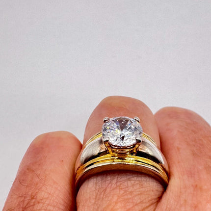 Vintage Cubic Zirconia Clear Crystal Diamond Cocktail | Gold 925 Sterling Silver Antique Wedding Promise Band Engagement Ring