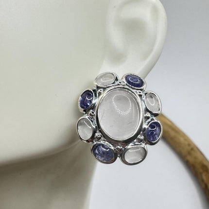 Vintage Silver Earrings | Rose Quartz Iolite Button Gemstone 925 Sterling Silver Flower Design Earrings