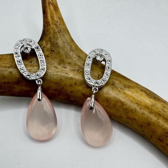 Vintage Pink Rose Quartz Chandelier Drop Gemstone 925 Sterling Silver Earrings