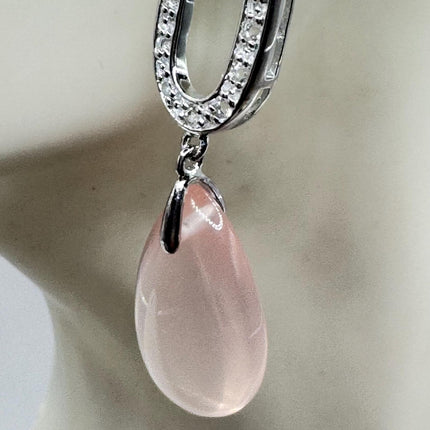 Vintage Pink Rose Quartz Chandelier Drop Gemstone 925 Sterling Silver Earrings
