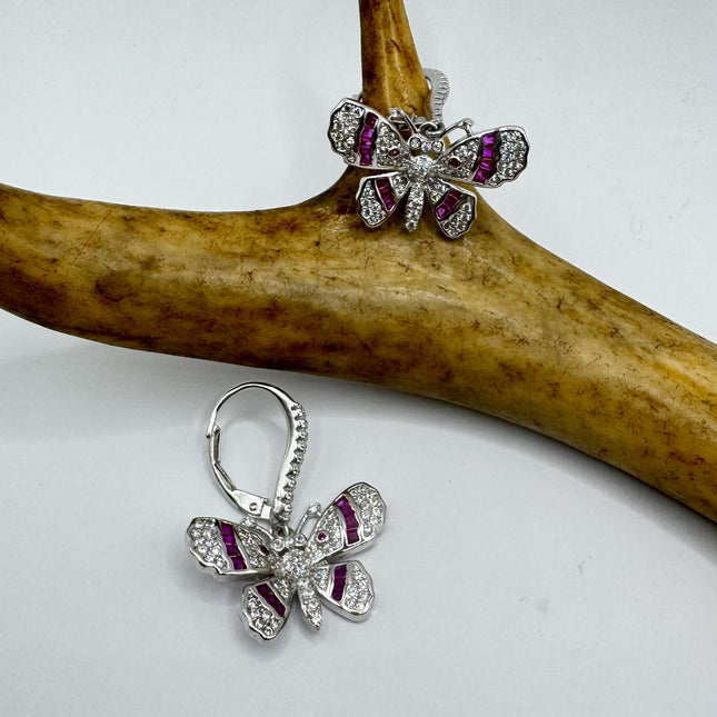 Vintage Silver Earring Ruby Cubic Zirconia Butterfly Simple Minimal Hoops Earrings