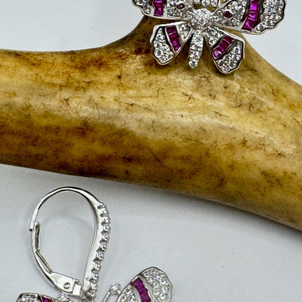 Vintage Silver Earring Ruby Cubic Zirconia Butterfly Simple Minimal Hoops Earrings