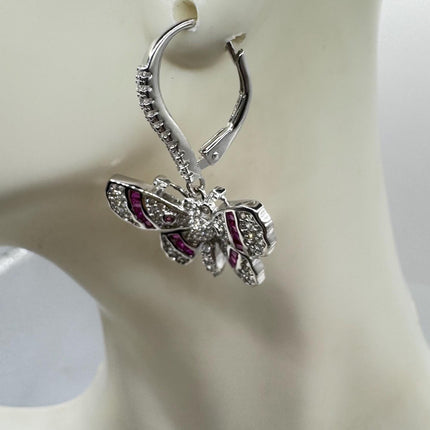 Vintage Silver Earring Ruby Cubic Zirconia Butterfly Simple Minimal Hoops Earrings