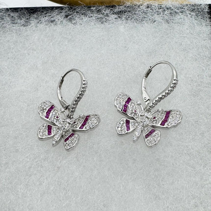 Vintage Silver Earring Ruby Cubic Zirconia Butterfly Simple Minimal Hoops Earrings