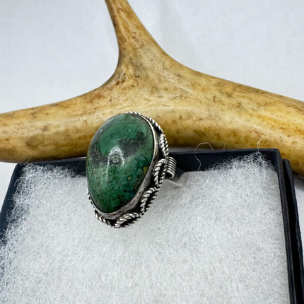 Vintage Silver Adjustable Ring | Green Stone of Eilat Boho Cocktail | 925 Sterling Silver Antique Wedding Band Engagement Ring