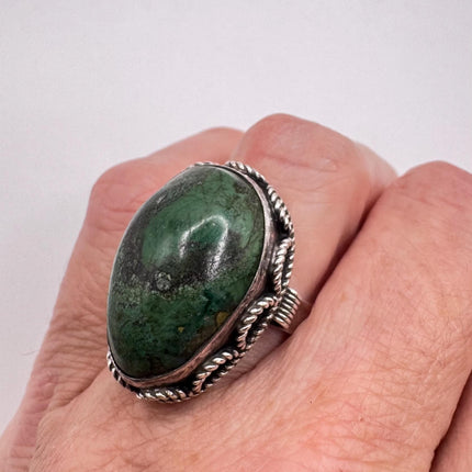 Vintage Silver Adjustable Ring | Green Stone of Eilat Boho Cocktail | 925 Sterling Silver Antique Wedding Band Engagement Ring