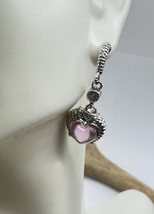 Vintage Pink Rose Quartz Heart Chandelier Drop Gemstone 925 Sterling Silver Earrings
