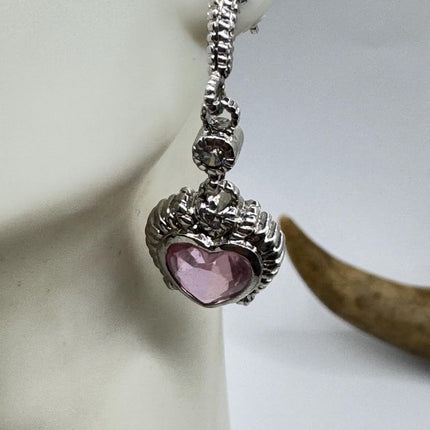 Vintage Pink Rose Quartz Heart Chandelier Drop Gemstone 925 Sterling Silver Earrings