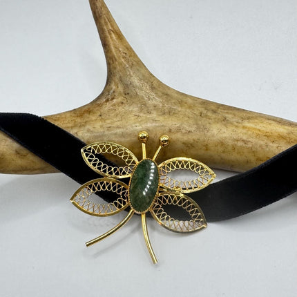 Vintage TINY Dragonfly Green Jade Brooch Pin - Gold Filled with Velvet Choker - Small Scatter Pin Lucky Jade Design