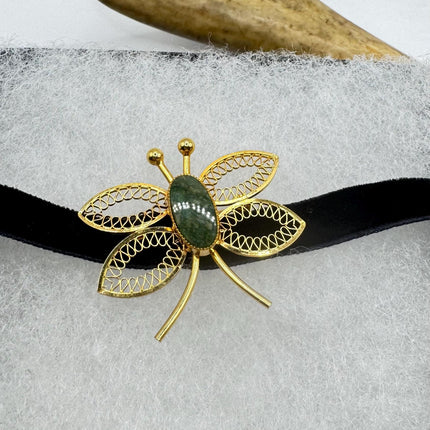 Vintage TINY Dragonfly Green Jade Brooch Pin - Gold Filled with Velvet Choker - Small Scatter Pin Lucky Jade Design