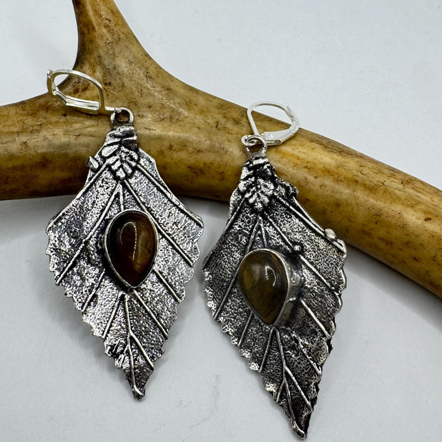 Vintage Tigers Eye Dangle Earrings Sterling Silver Design Statement Leverbacks