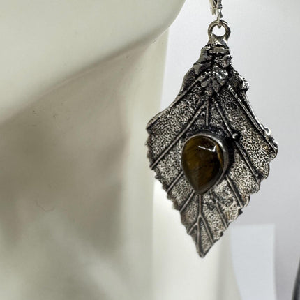 Vintage Tigers Eye Dangle Earrings Sterling Silver Design Statement Leverbacks